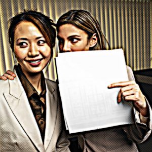 Two women in office gossiping